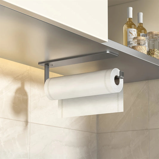 Estante de Pañuelos de Cocina sin Perforaciones | Estante de Armario con Bolsa de Película Transparente y Almacenamiento de Tela Montado en la Pared