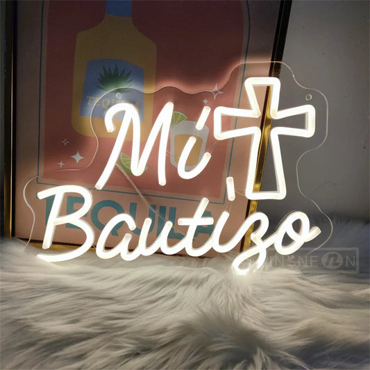 Mi Bautizo Letrero de Neón LED con Montaje Fácil, Alimentado por USB, Decoración para Pared, Fiestas y Hogar