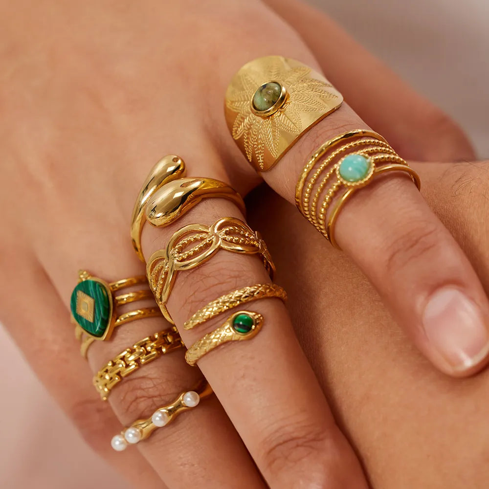 Anillo Uworld de Acero Inoxidable con Piedra Natural Turquesa Verde y Malaquita para Mujeres, Joyería Veraniega Bohemia y Estilizada