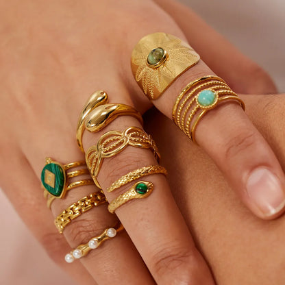 Anillo Uworld de Acero Inoxidable con Piedra Natural Turquesa Verde y Malaquita para Mujeres, Joyería Veraniega Bohemia y Estilizada
