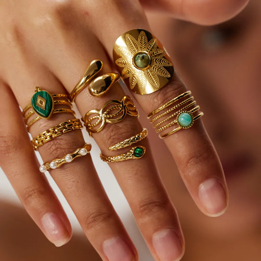 Anillo Uworld de Acero Inoxidable con Piedra Natural Turquesa Verde y Malaquita para Mujeres, Joyería Veraniega Bohemia y Estilizada
