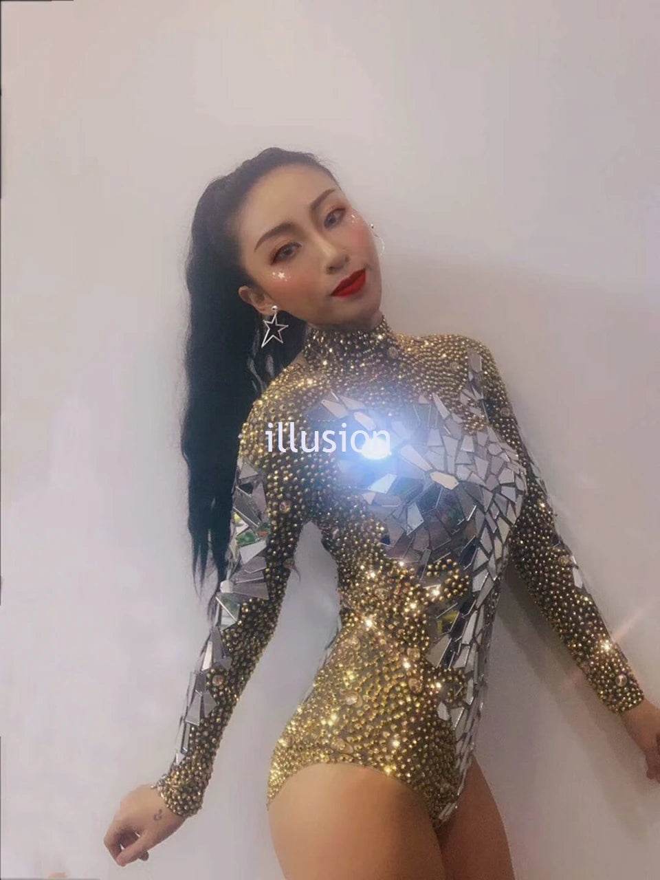 Body con Espejos de Diamantes de Imitación Dorados Brillantes para Mujer - Traje de Fiesta Ideal para Cantantes y Bailarinas