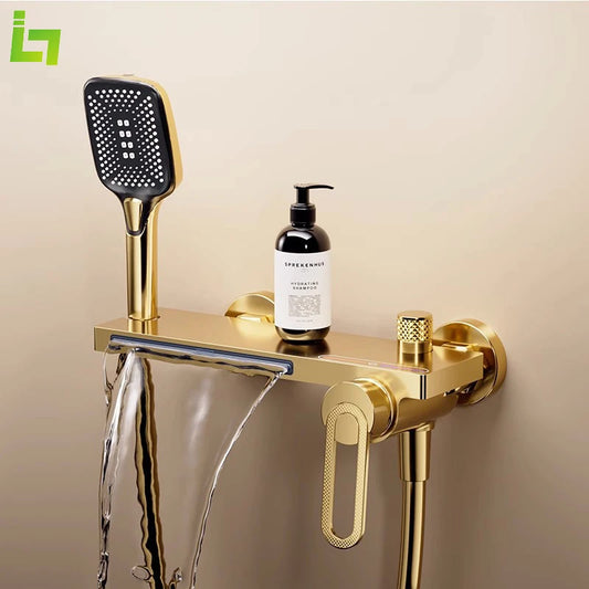 Grifo de Bañera de Oro Montado en Pared con Cascada Grande y Estante de Almacenamiento | Ducha Multifuncional con Manija de Mano