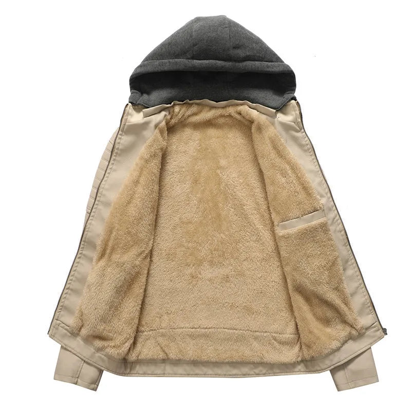Chaqueta de cuero con forro polar para hombre, abrigos de cuero Pu con capucha, ropa informal para motocicleta, Otoño e Invierno