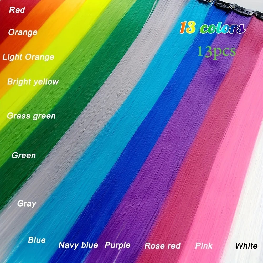 Extensiones de Cabello Liso para Niña, Extensiones de Cabello Sintético Multicolor Y2K, 13 Colores, Fiesta