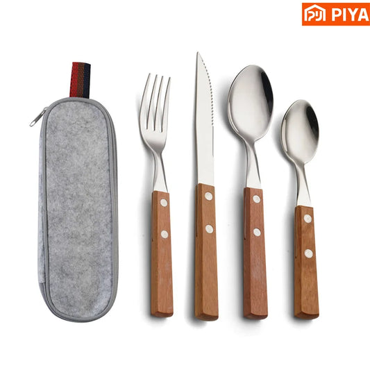 Utensilios de viaje de acero inoxidable con estuche, saludable y ecológico, tamaño completo, tenedor, cuchara, juego de utensilios portátiles con bolsa de almacenamiento