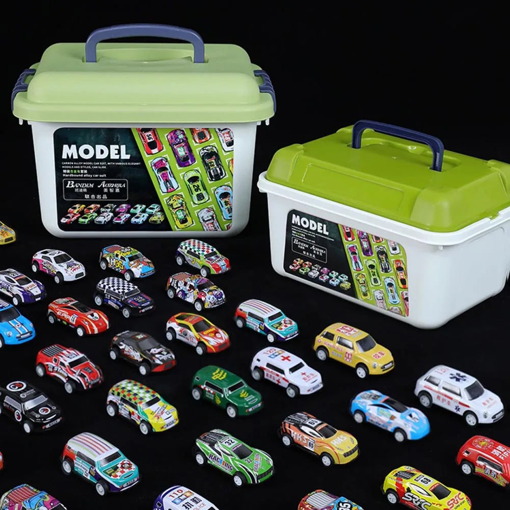 Set de Autos de Aleación con Caja de Almacenamiento – Vehículos de Juguete Deslizantes para Niños