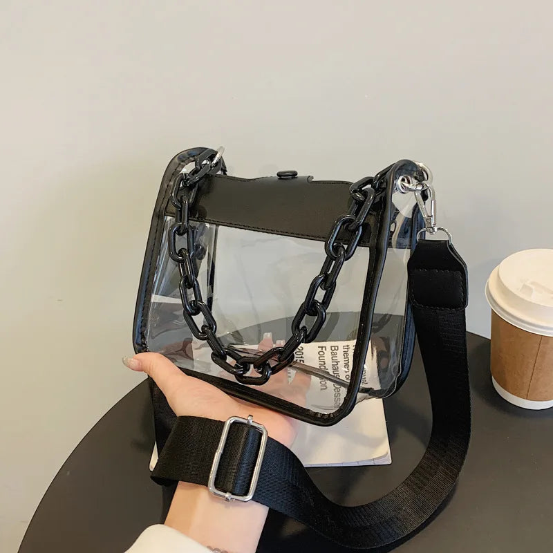 Bolso Transparente Cruzado para Mujer, PVC Claro, con Cadena de Hombro Ajustable, Pequeño Satchel Moderno y Chic