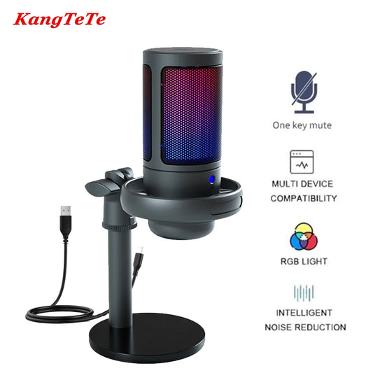 Micrófono USB Condensador Profesional con Luz RGB | Ideal para Grabación y Streaming | Compatible con PC y Laptop