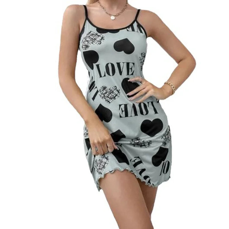 Camisón de belleza con espalda delgada para el hogar, ropa Sexy con cuello Halter, Falda corta, pijama con estampado de dibujos animados de amor, novedad de verano