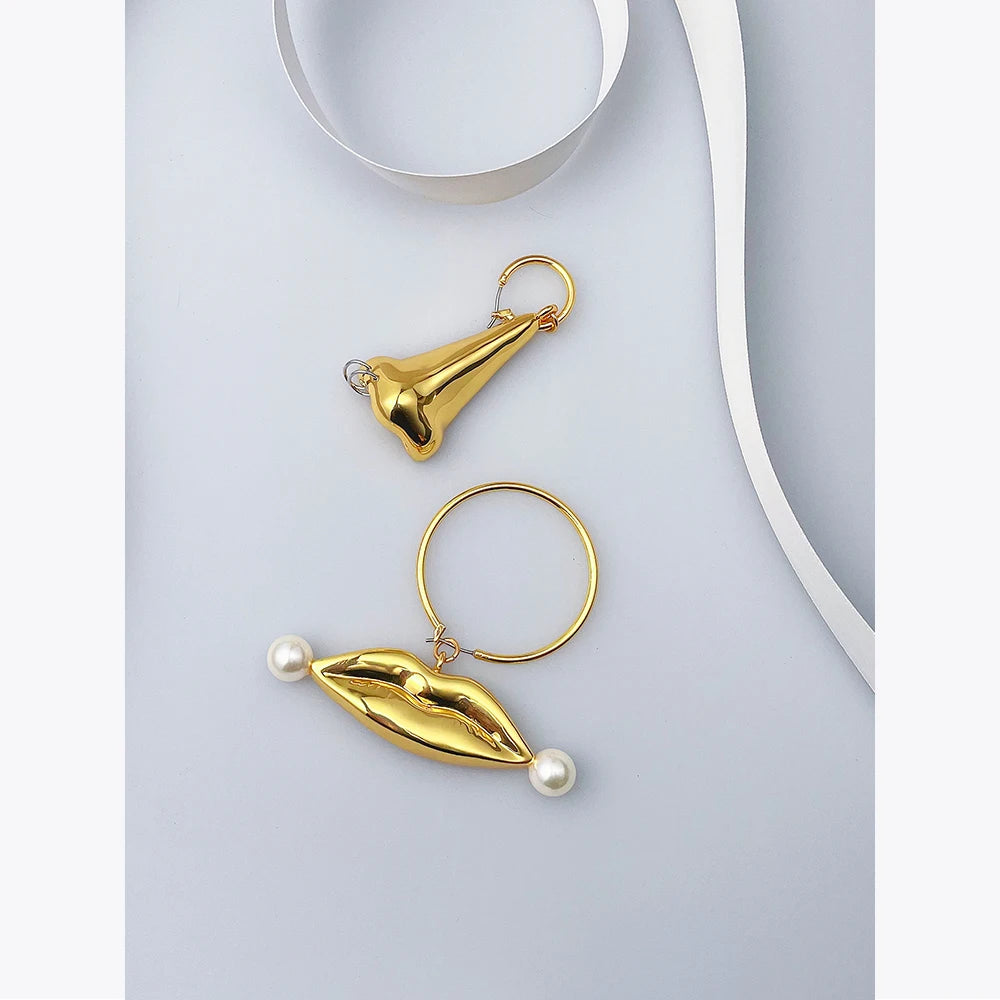 Pendientes Exagerados de Nariz y Labios para Mujer | Joyería de Moda Dorada ENFASHION, E221388, 2022