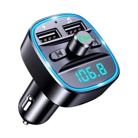 Transmisor FM Bluetooth 5.0 con Carga Rápida y Llamadas Manos Libres – Adaptador de Coche con Doble Puerto USB y Luz LED Azul