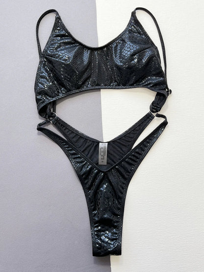 Bañador de Una Pieza para Mujer con Estampado de Serpiente Negro y Efecto Metálico - Traje de Baño Hollow Espalda Descubierta