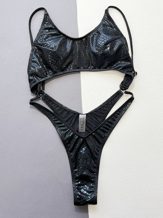Bañador de Una Pieza para Mujer con Estampado de Serpiente Negro y Efecto Metálico - Traje de Baño Hollow Espalda Descubierta