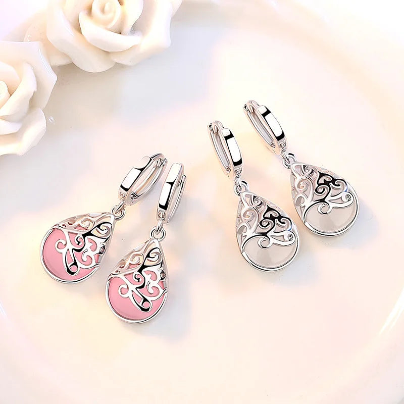 Aretes de Mujer de Flor con Piedra Ópalo en Plata de Ley 925 - Joyería Original Antialérgica