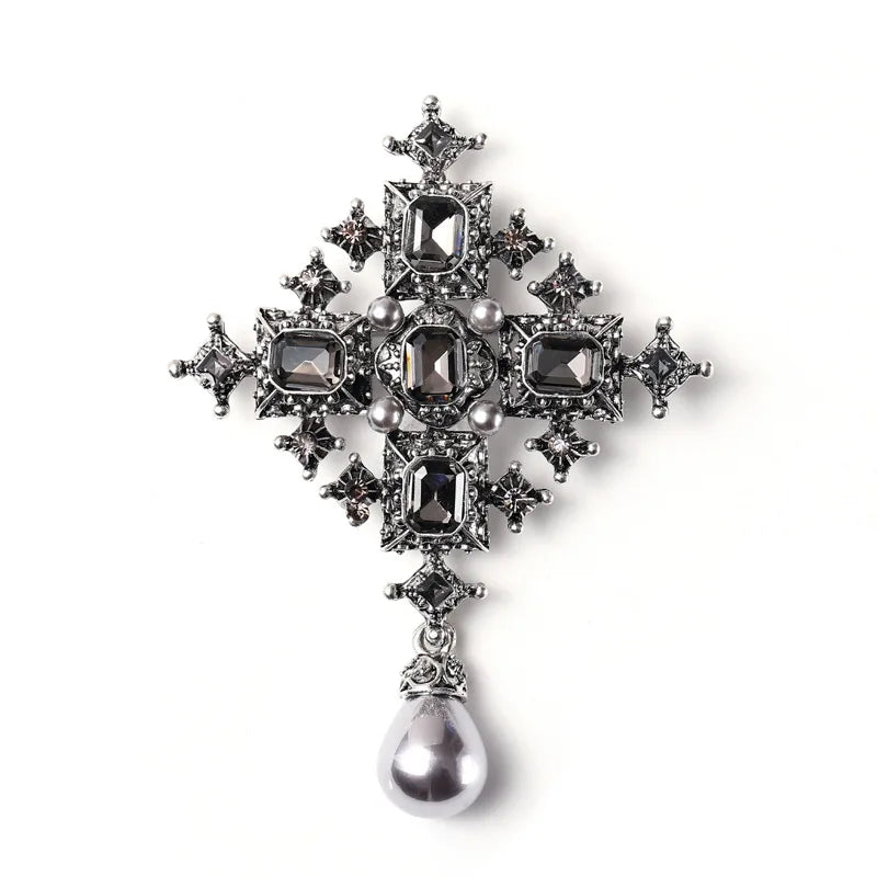 Broches de Cruz Barrocos Nuevos con Perlas y Rhinestones para Mujeres y Hombres, Elegantes Pins de Metal Vintage para Ropa y Abrigos, Accesorios de Joyería para Fiestas