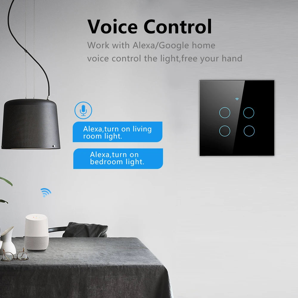 Interruptor de Luz Inteligente Táctil Wifi Tuya US/EU, Interruptores de Luz LED Inalámbricos con Control Remoto, No Requiere Cable Neutro, 1-4 Gang, Compatible con Alexa y Google Home