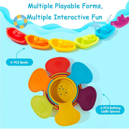 Juguetes de Baño para Bebés - Barquito Apilable con Cucharas, Juguete Educativo de Colores Arcoíris, Regalo de Inteligencia Temprana para Niños