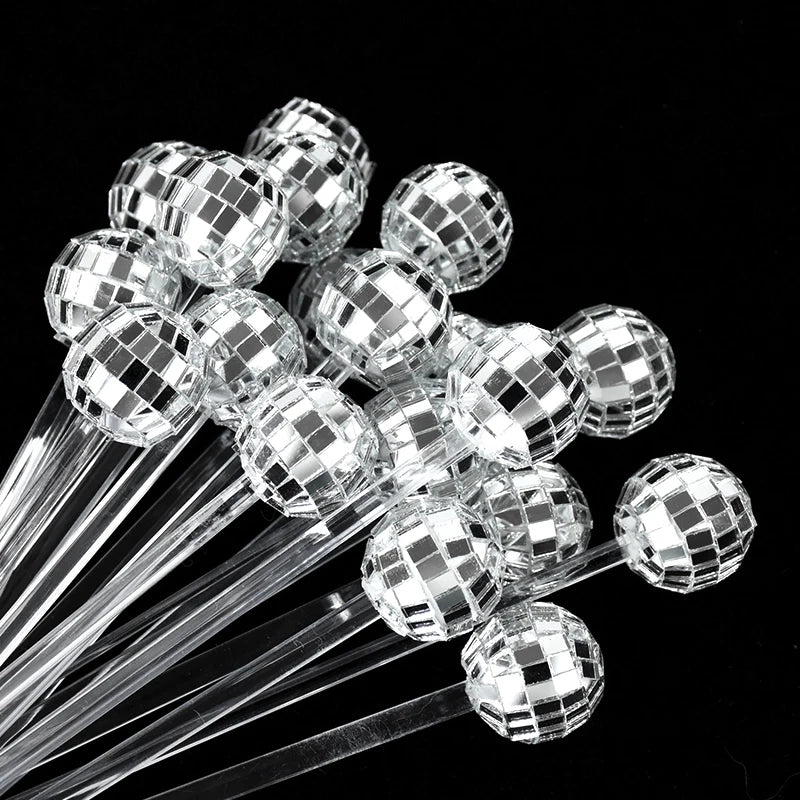 Agitadores de bolas de discoteca, palos de espejo de plástico para cócteles y bebidas, decoración de fiestas en el hogar, disponibles en 10/20/30/50 piezas