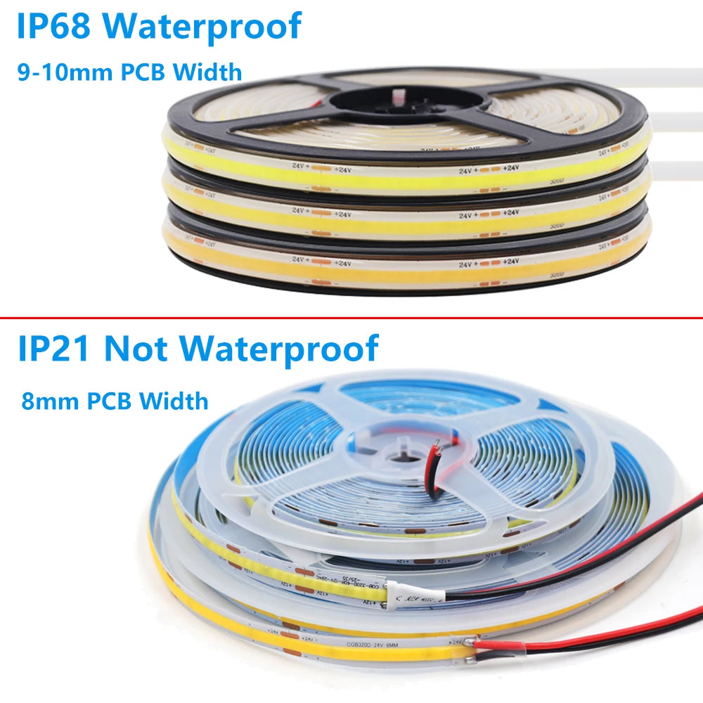 Tira de luces LED COB impermeable IP68, 12V, 24V, 320LED/m, cinta Flexible FOB para iluminación exterior de Sauna, piscina