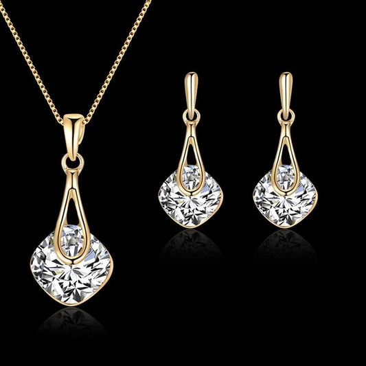 Conjunto de joyería para mujer, pendientes cuadrados de diamantes de imitación, collar con colgante de gota de agua, a la moda