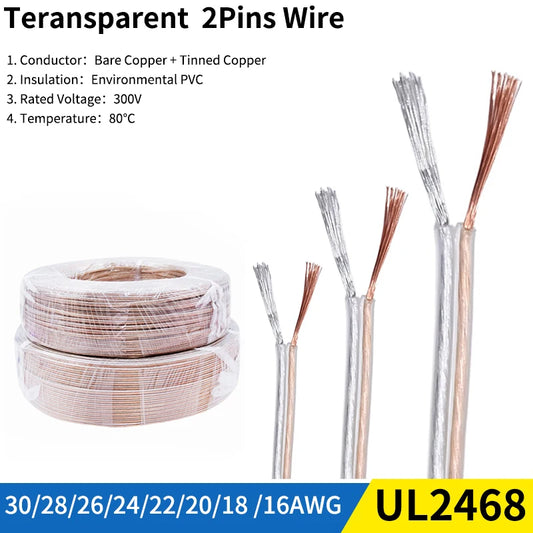 Cable Eléctrico Transparente 2 Pines UL2468, 30AWG - 16AWG, PVC, para Altavoces, Auriculares, Tiras LED y Extensión de Lámpara, 1/5/50M