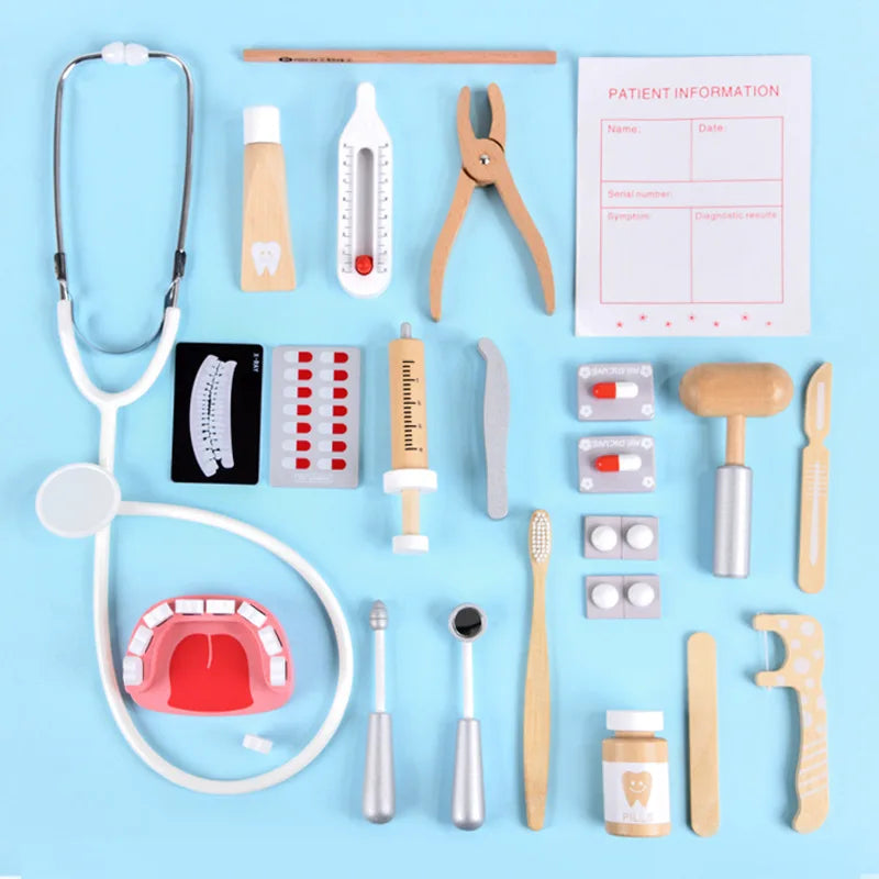 Juguetes Educativos de Simulación de Dentista de Madera, Set de Role Playing para Niños, Juego de Cepillado de Dientes y Medicina