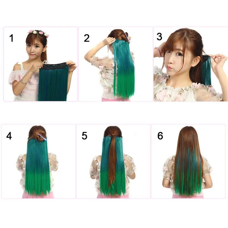 Cabello Sintético Liso de una Pieza, Extensión de Cabello con 5 Clips, Color Degradado Colorido, para Cosplay de Halloween