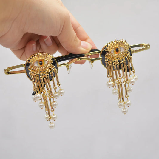 Ojo de diablo con borla de perlas para mujer, gafas de sol Vintage, Ojos de demonio, pendiente, anillo, broche personalizado, joyería de moda