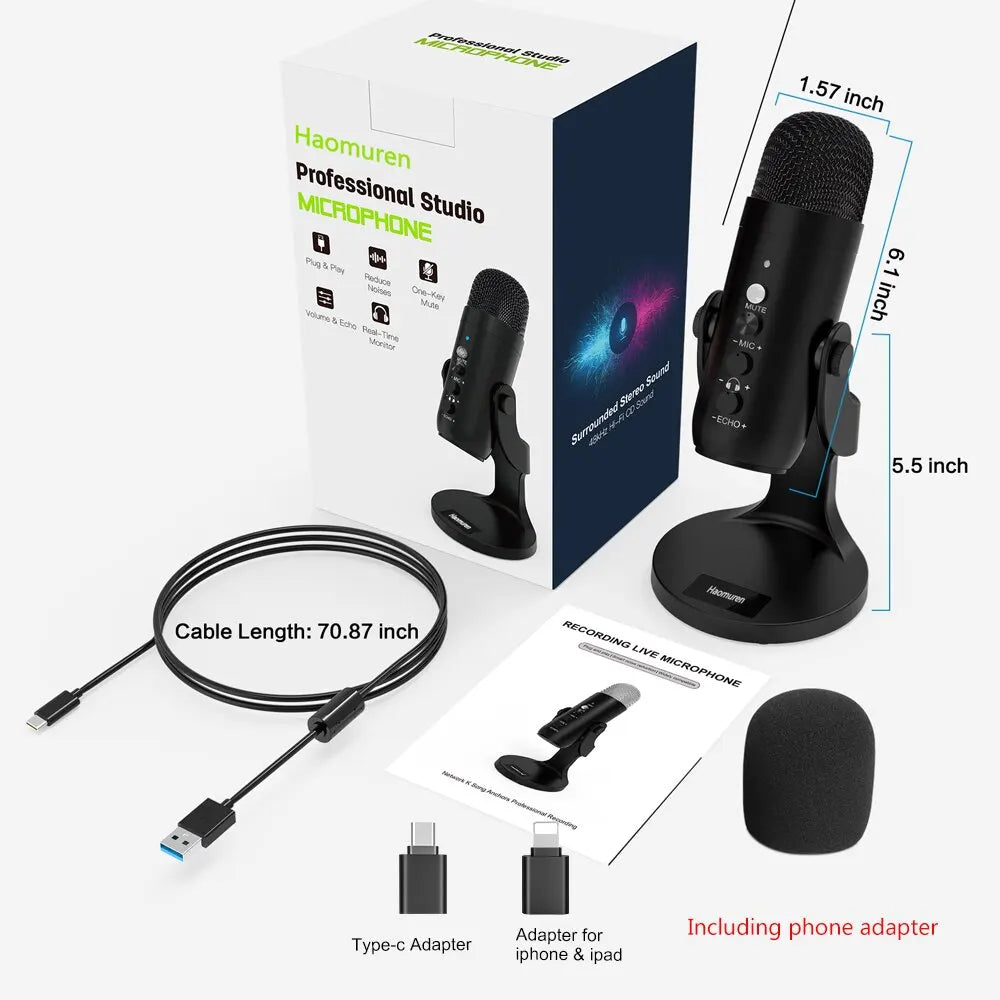 Micrófono USB para PC, Mac, Gaming, Grabación y Streaming | Micrófono Condensador con Adaptador para Teléfono y Salida de Auriculares