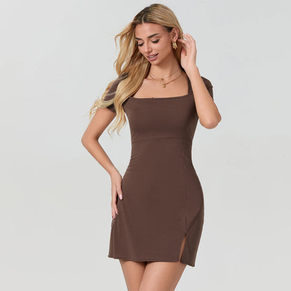 Vestido Mini de Verano Elegante con Abertura | Cuello Cuadrado y Manga Corta en Color Sólido, Ideal para Fiestas y Eventos