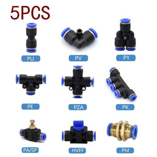5 Piezas de Conector Rápido Pneumático para Tubos de Aire - Acoplamientos de Agua Push-In para Mangueras de 4mm a 16mm (PU, PY, PK, PM, PZA)