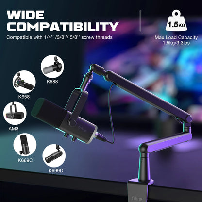 Soporte de Micrófono Ajustable de Bajo Perfil FIFINE con Gestión de Cables/Montaje en Escritorio, Brazo de Suspensión para K688 Ampligame AM8-BM88