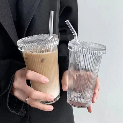 Vaso de Vidrio con Tapa y Popote 375ml | Diseño Japonés Elegante | Tazas para Café, Té, Leche o Whisky | Regalo Perfecto