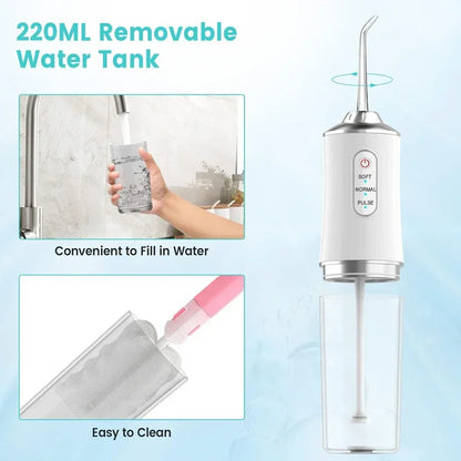 Irrigador Oral Portátil con Chorro de Agua, Recargable por USB, 4 Puntas de Chorro, 220ml, 3 Modos de Limpieza, IPX7, 1400rpm